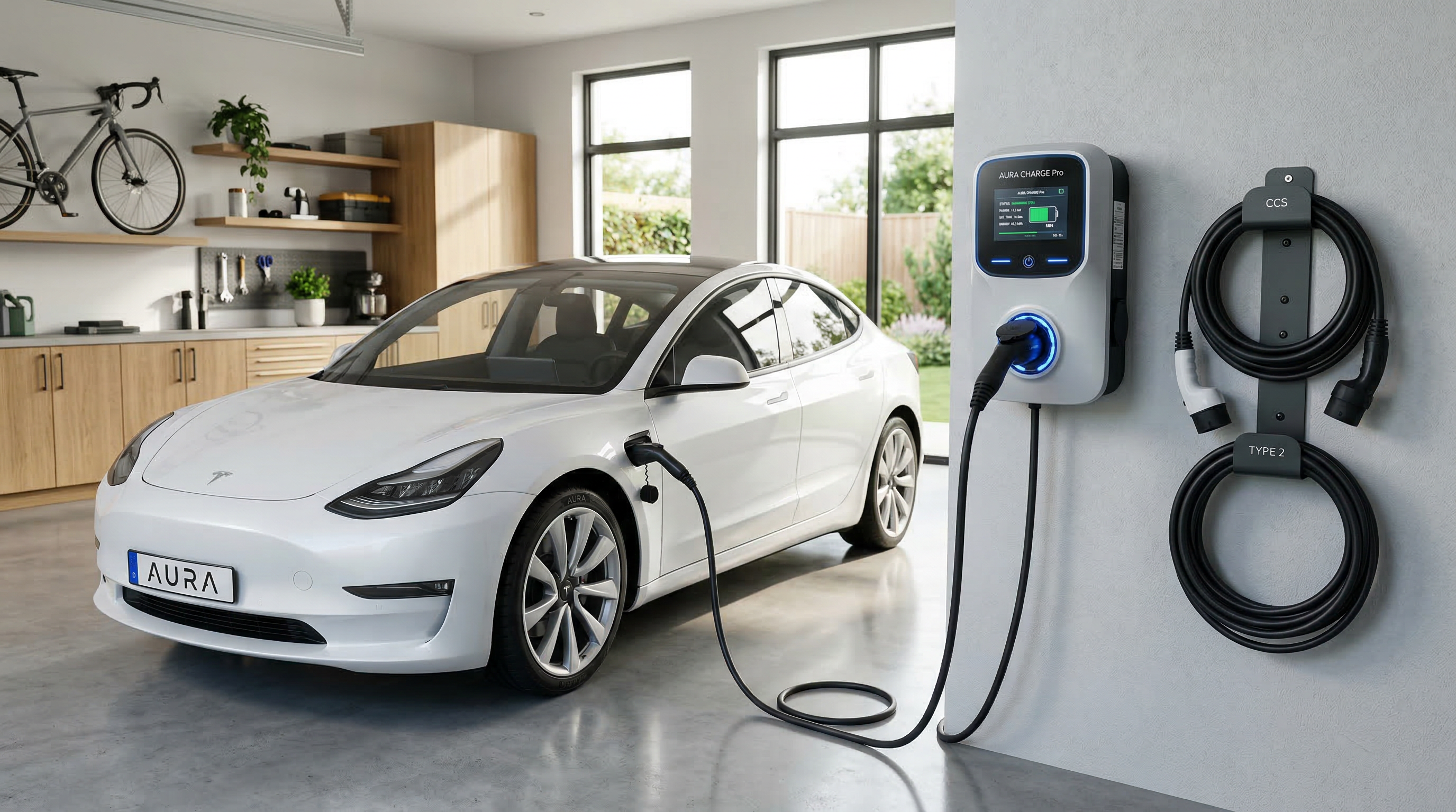 Modern home garage with multiple EV chargers mounted on wall