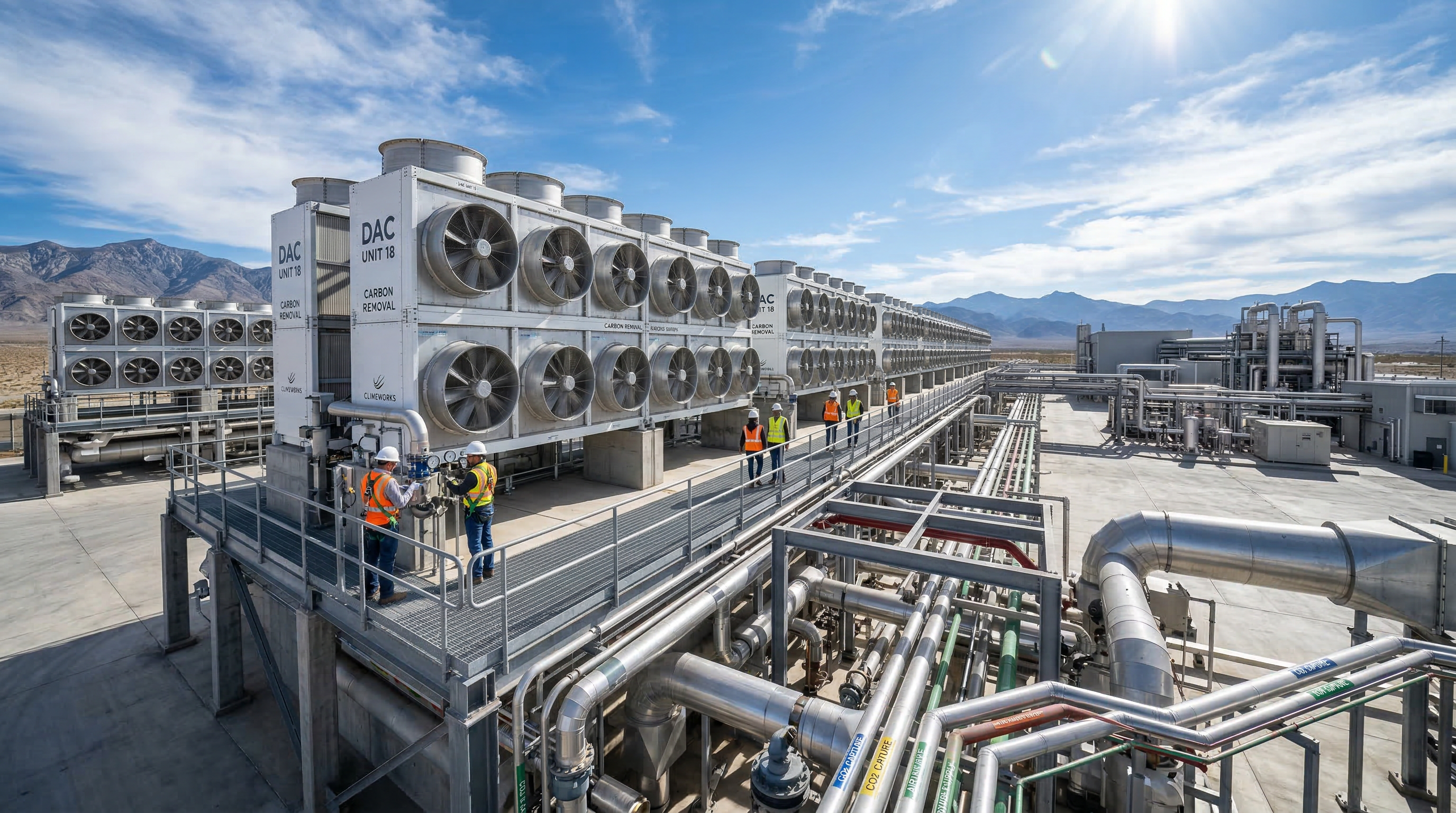 Direct air capture carbon removal facility with large industrial fans