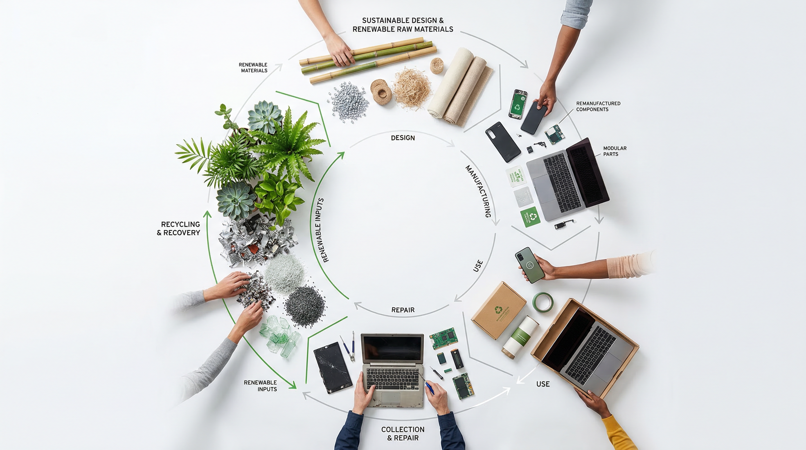 Circular economy flow showing recycled products and sustainable materials