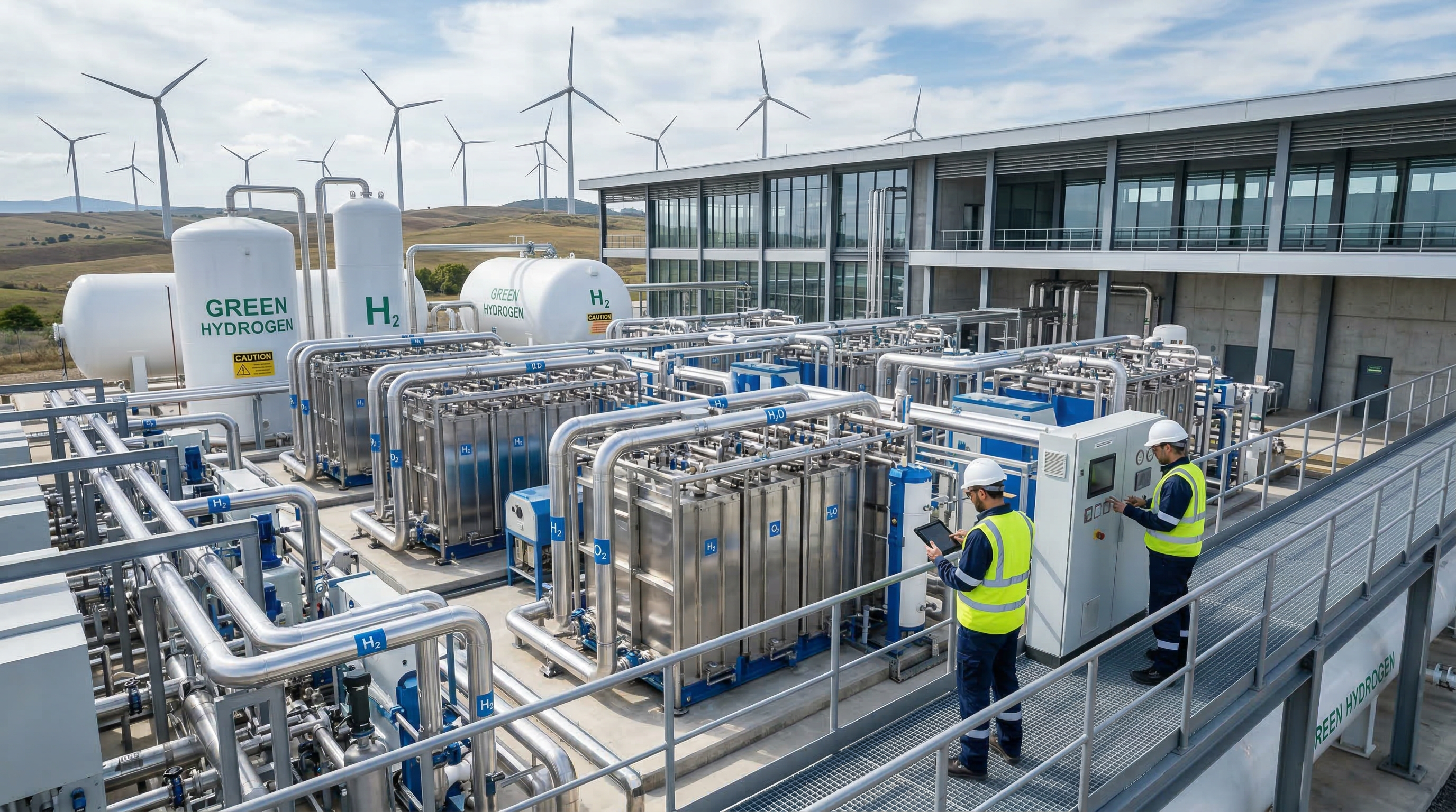 Green hydrogen production facility with electrolyzers and renewable energy
