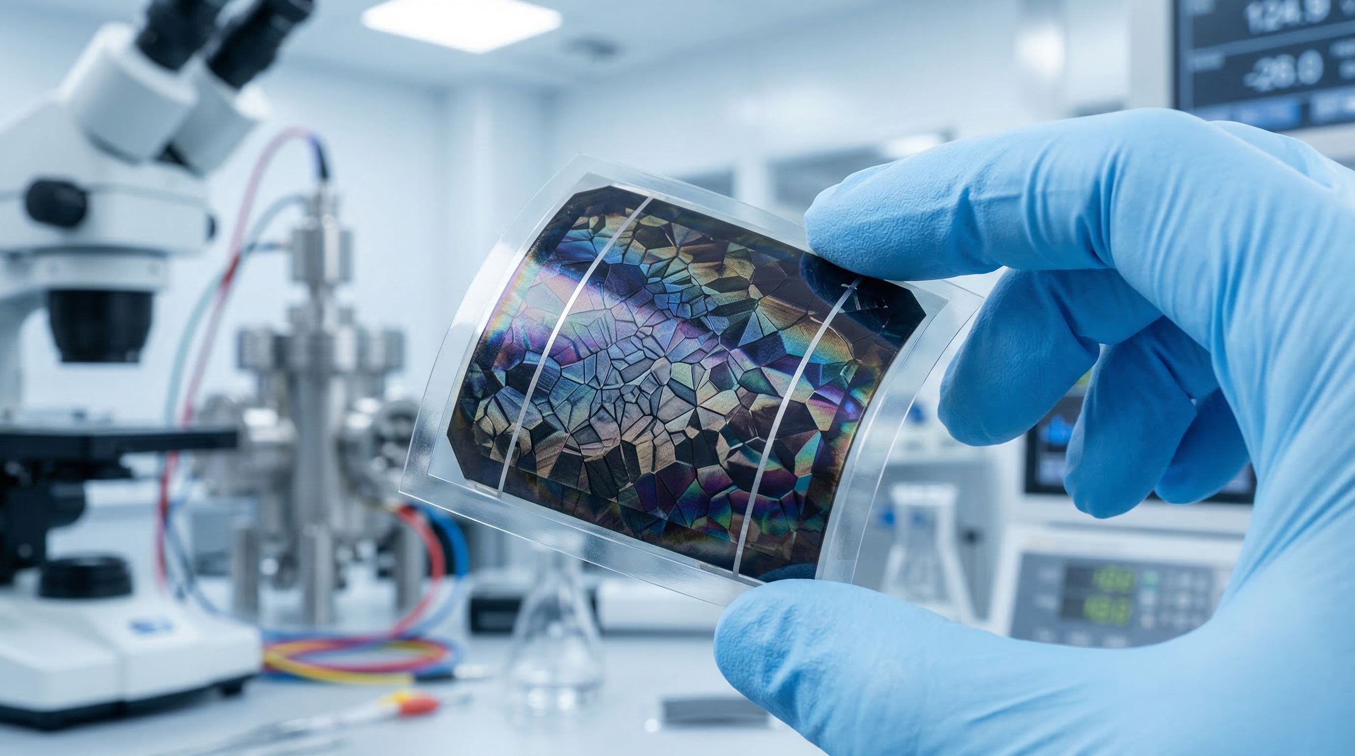 Close-up of perovskite solar cell material showing crystalline structure